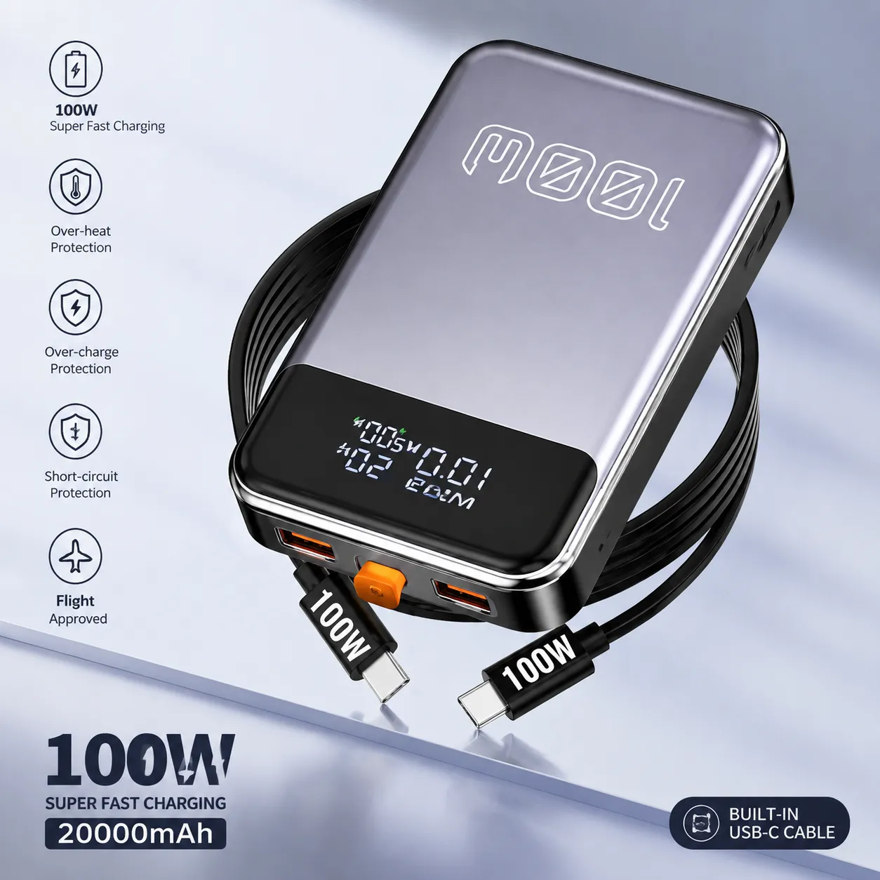 100W Fast Charging Power Bank 20000mAh with Built-in USB-C Cable