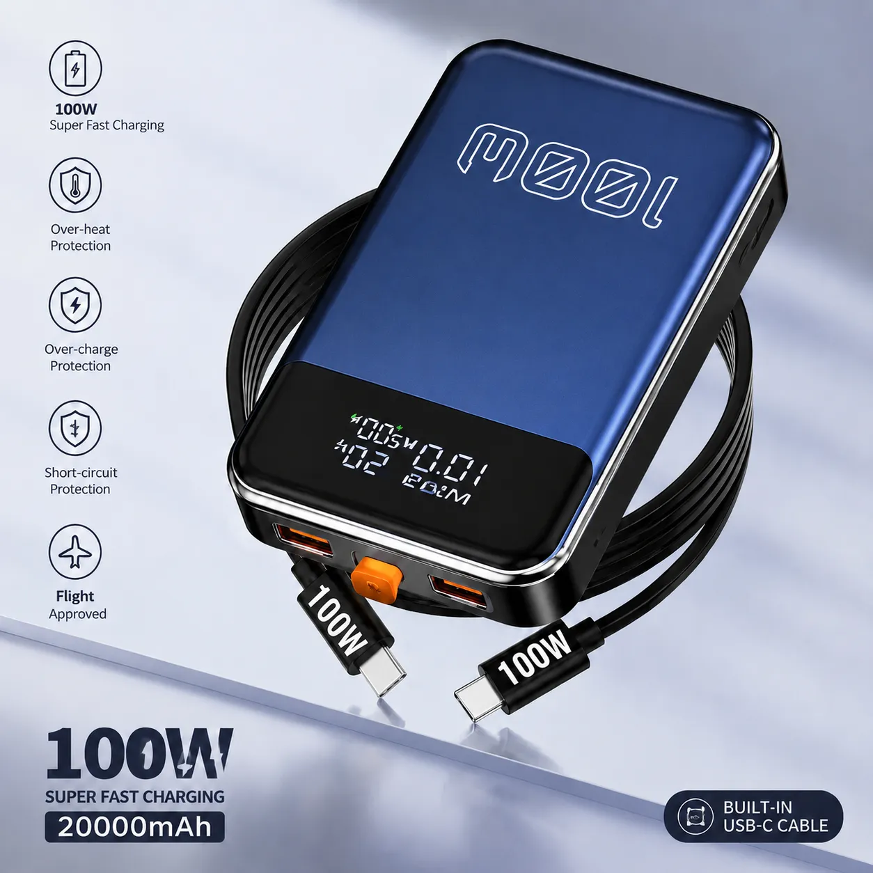 100W Fast Charging Power Bank 20000mAh with Built-in USB-C Cable