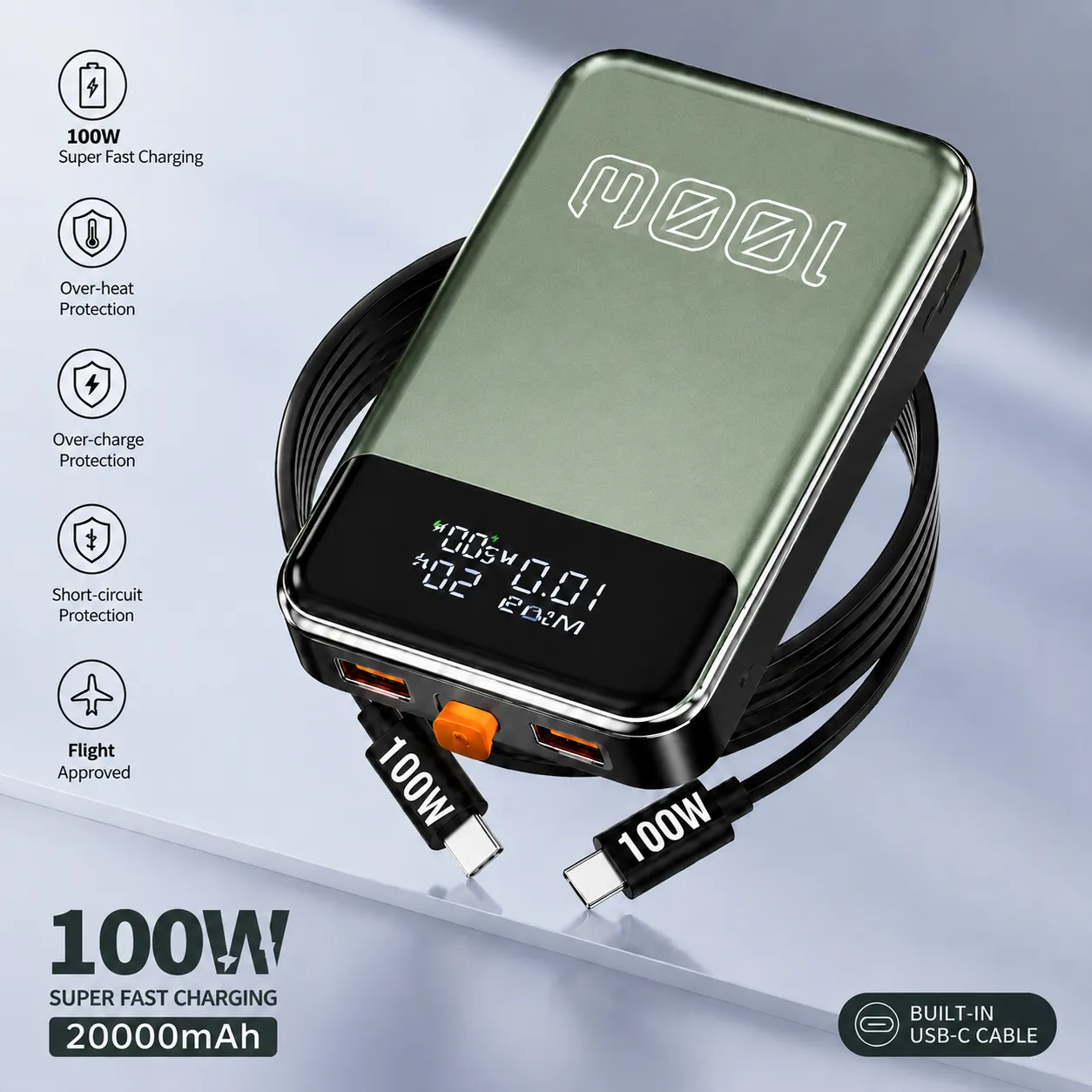100W Fast Charging Power Bank 20000mAh with Built-in USB-C Cable