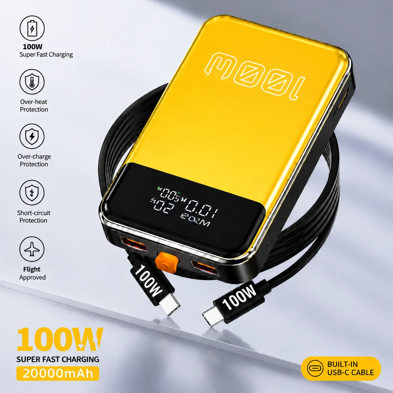 100W Fast Charging Power Bank 20000mAh with Built-in USB-C Cable